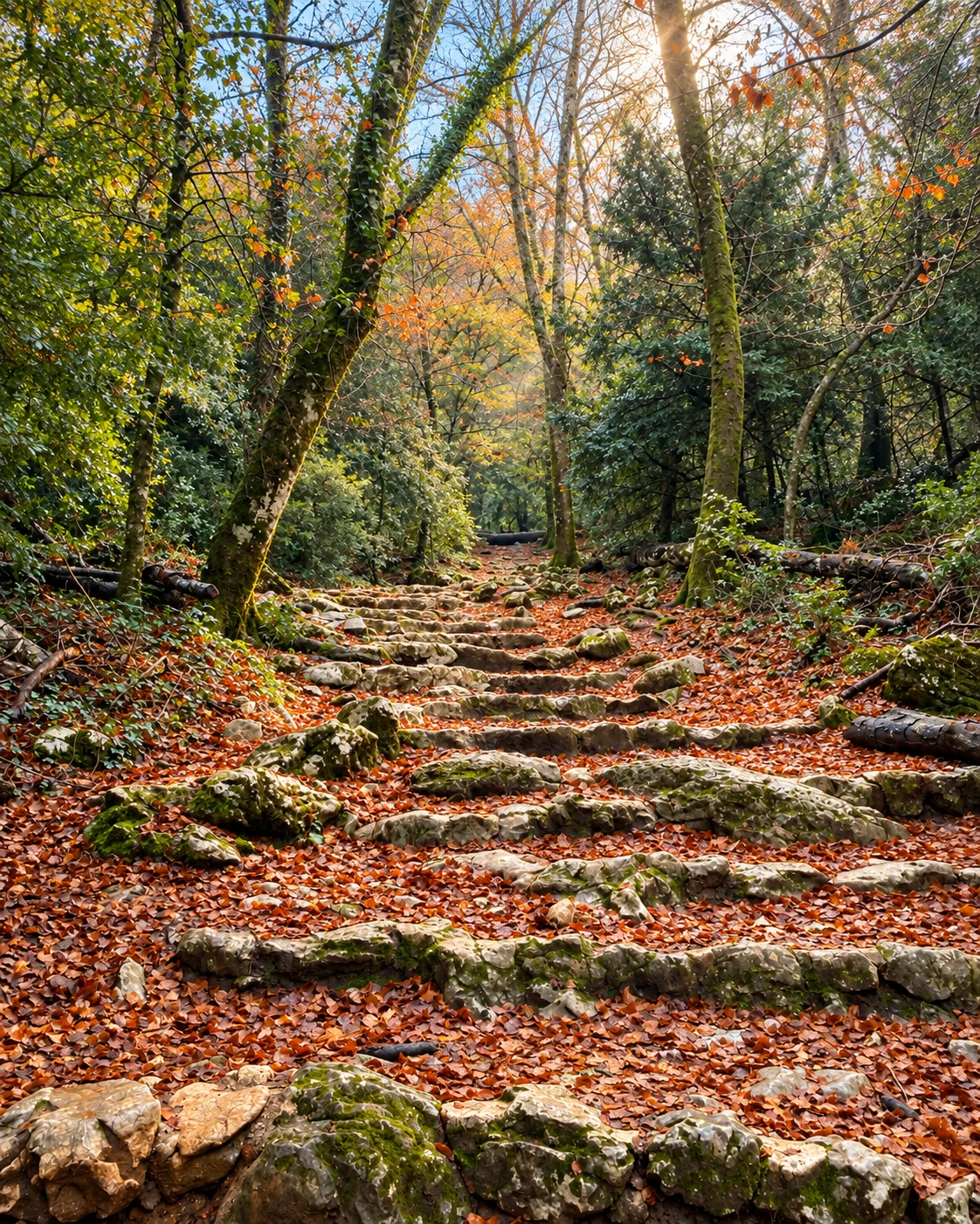 Escadaria de pedra em uma floresta, no acervo da peregrinação de Adriana.