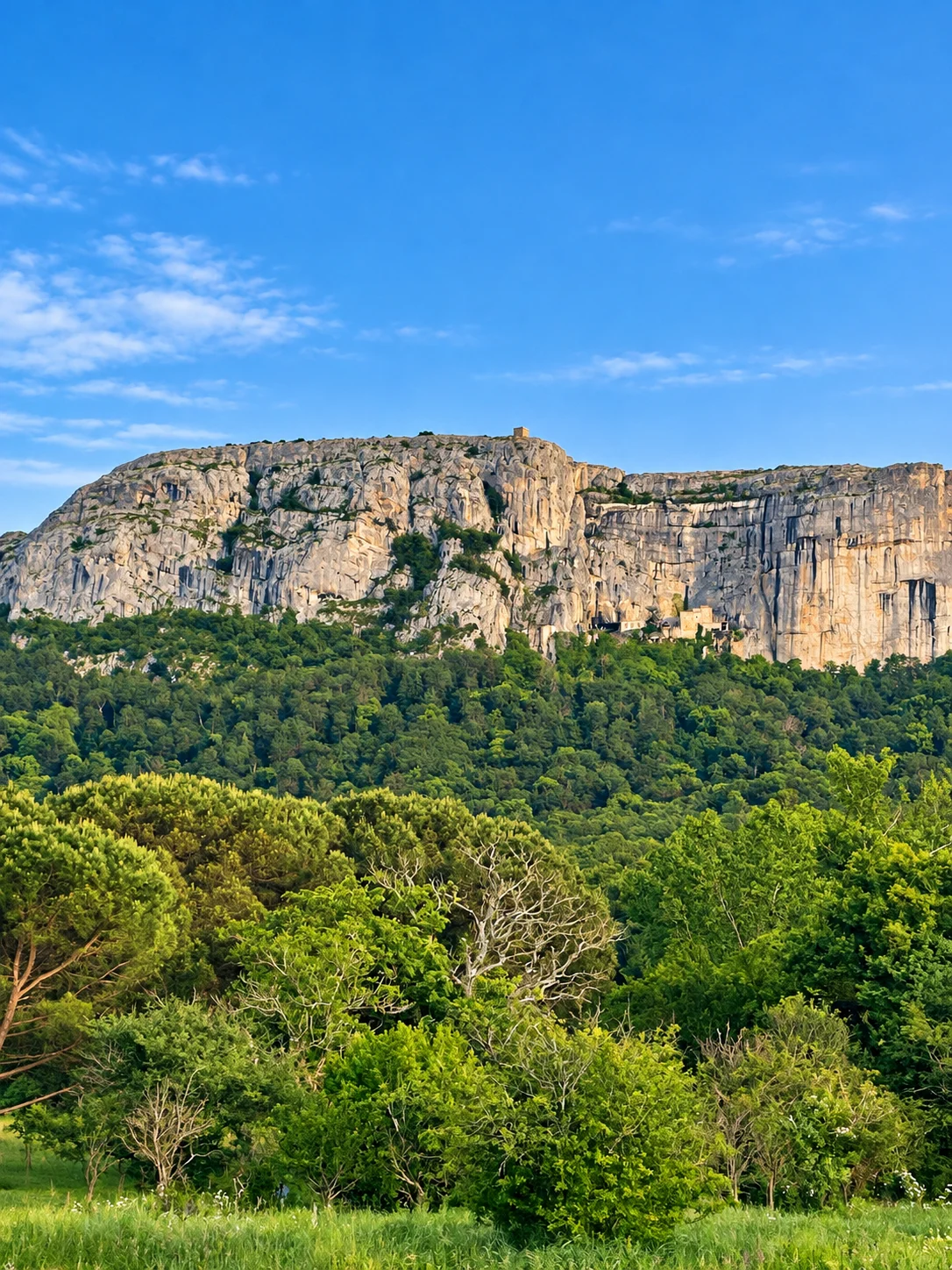 Montanha de pedra cercada de vegetação, no acervo da peregrinação de Adriana.