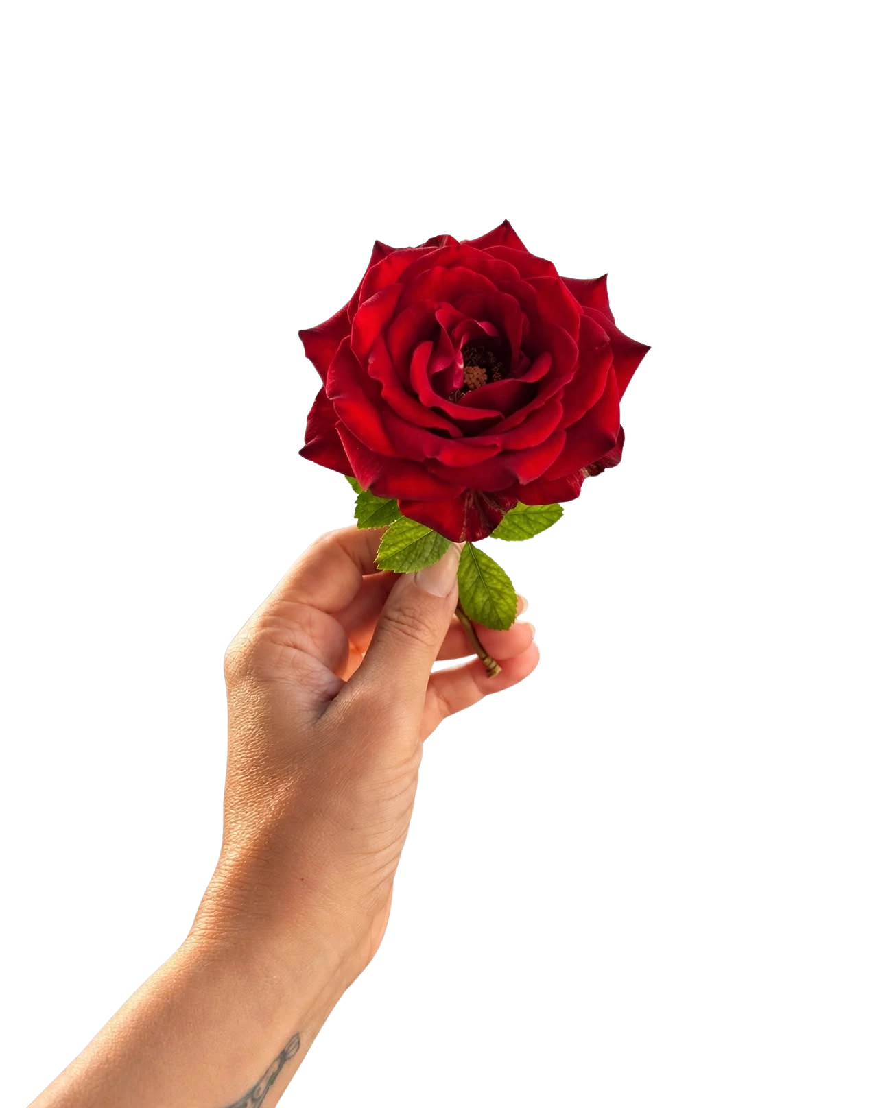 Uma mão oferece uma rosa vermelha aberta.