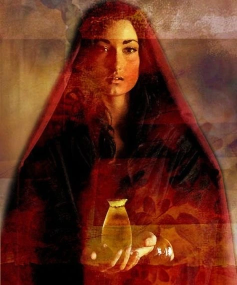 Maria Magdalena em manto vermelho, segurando um pequeno vaso.