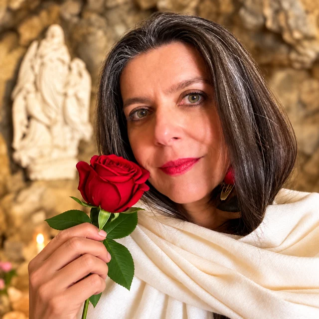 Adriana segurando uma rosa vermelha junto ao rosto.