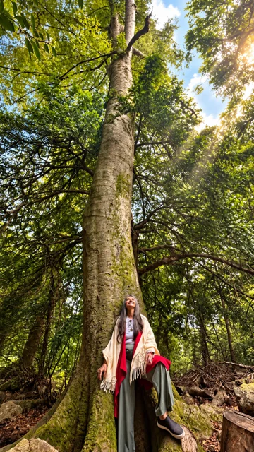 Adriana junto ao tronco de uma árvore alta na floresta.