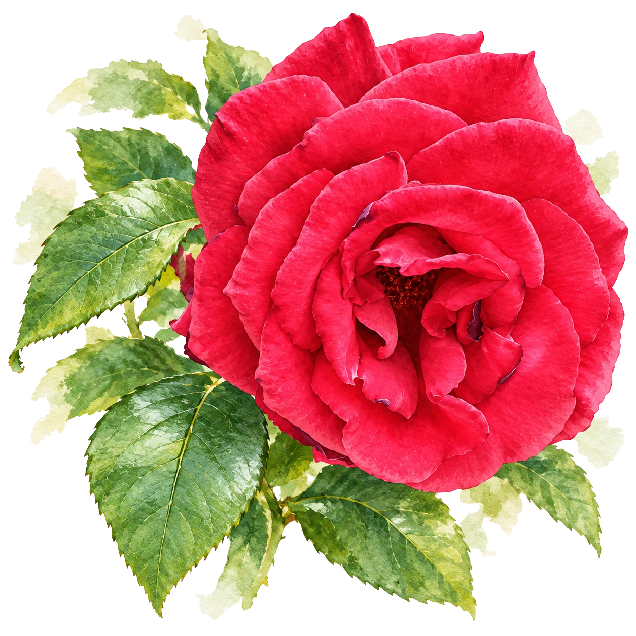 Aquarela botânica de uma rosa vermelha com folhas verdes.